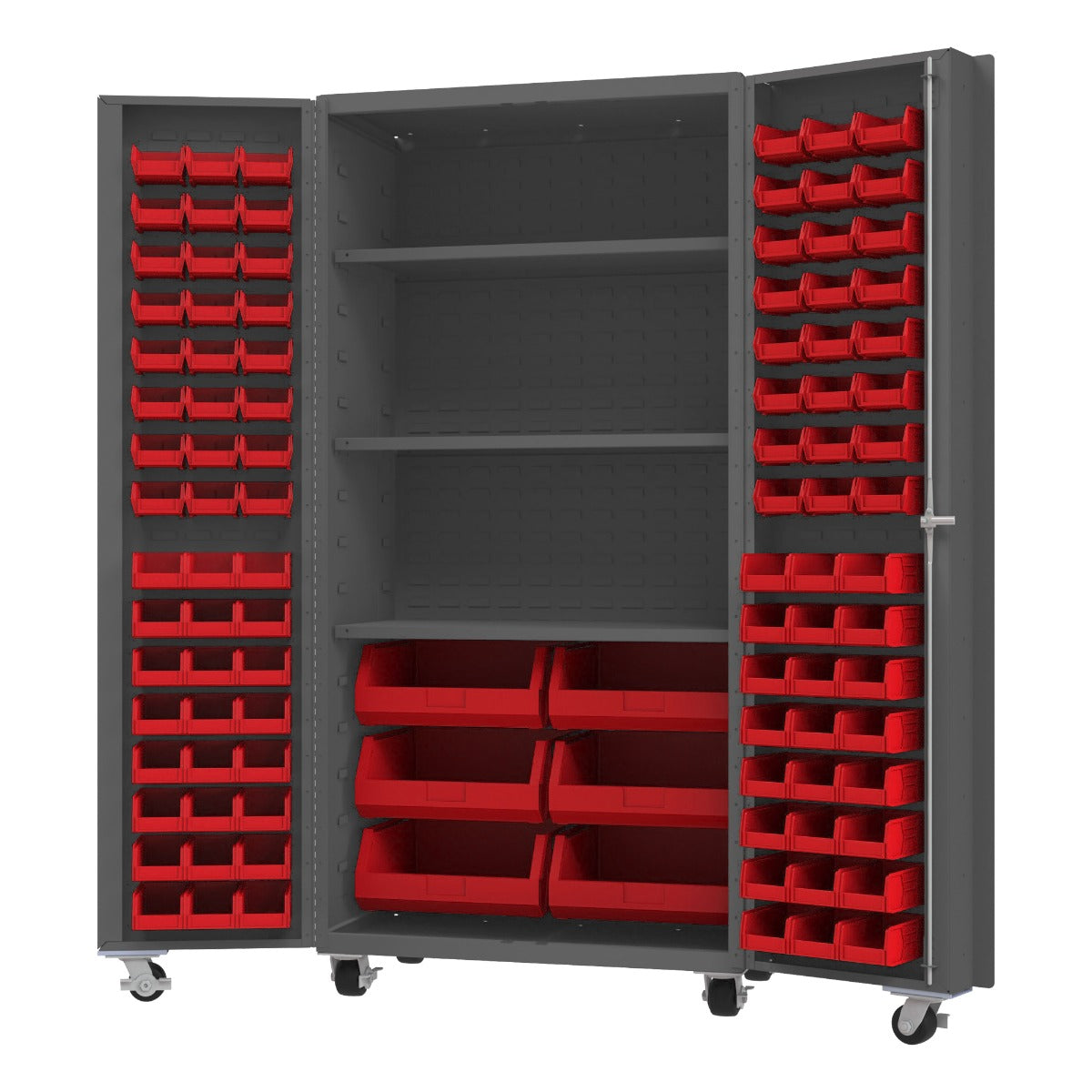 Durham DCM36-BDLP-102-3S-1795 MOBILE CABINET, 14 GAUGE, 102 BINS, 3 SHELVES, 36 X 24 X 76