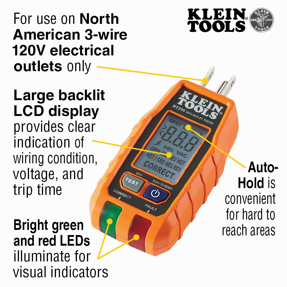 Klein Tools RT250 GFCI Receptacle Tester with LCD