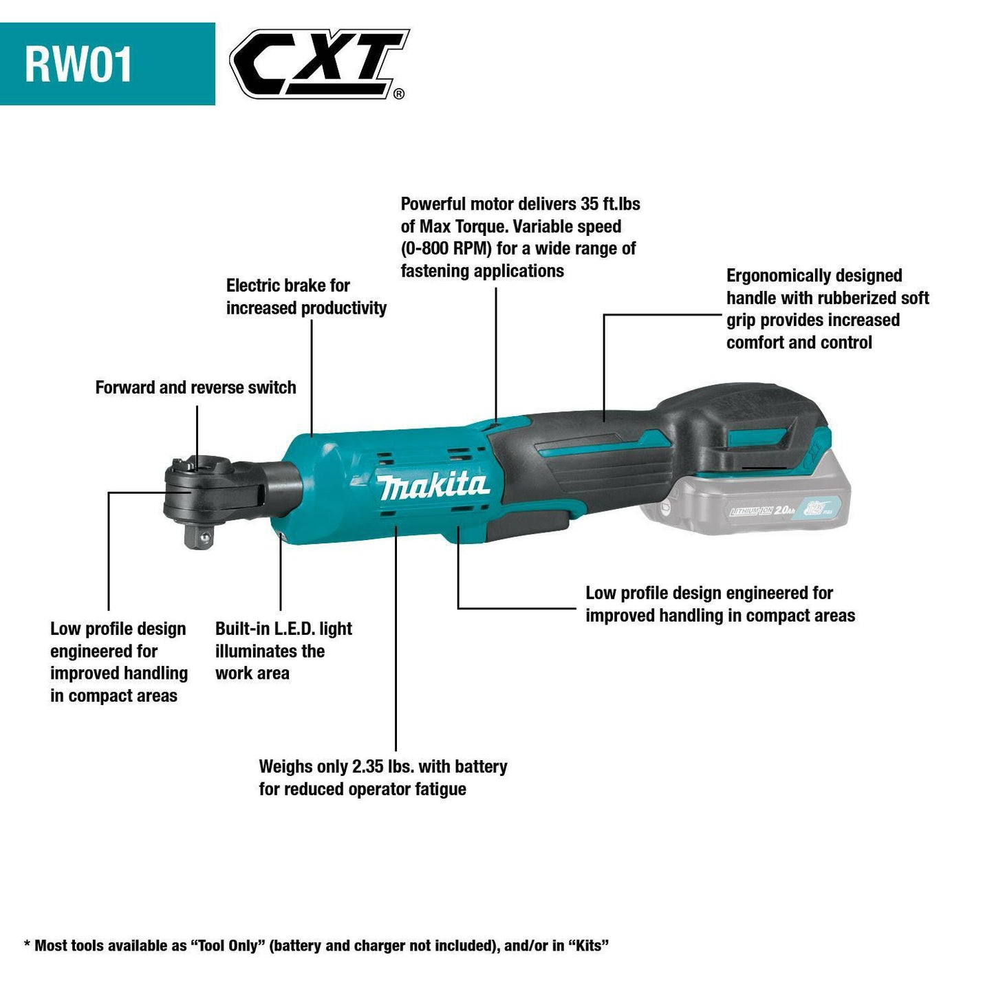 Makita RW01Z 12V max CXT® Lithium‘Ion Cordless 3/8" / 1/4" Sq. Drive Ratchet, Tool Only