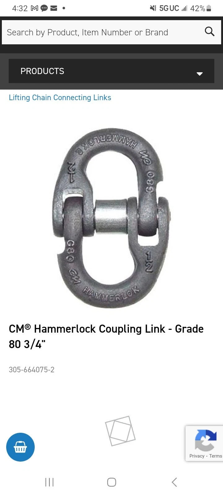 CM COLUMBUS MCKINNON 664075 3/4" Grade 80 Hammerlokcoupling