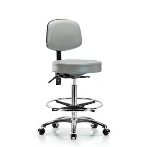 Blue Ridge Ergonomics VHBST-CR-T1-CF-CC-8567 Rutledge Vinyl Stool with Back Chrome - High Bench Height with Seat Tilt, Chrome Foot Ring, & Casters in Dove Trailblazer™ Vinyl