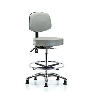 Blue Ridge Ergonomics VHBST-CR-T1-CF-RG-8567 Rutledge Vinyl Stool with Back Chrome - High Bench Height with Seat Tilt, Chrome Foot Ring, & Stationary Glides in Dove Trailblazer™ Vinyl