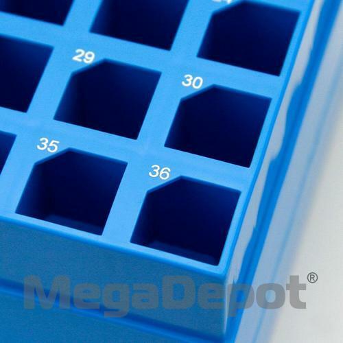 Globe Scientific 3059 Storage Box with Lid for 50mL Centrifuge Tubes 16-Place (4x4) PP Blue Base & Clear Lid 4 Boxes/Carton