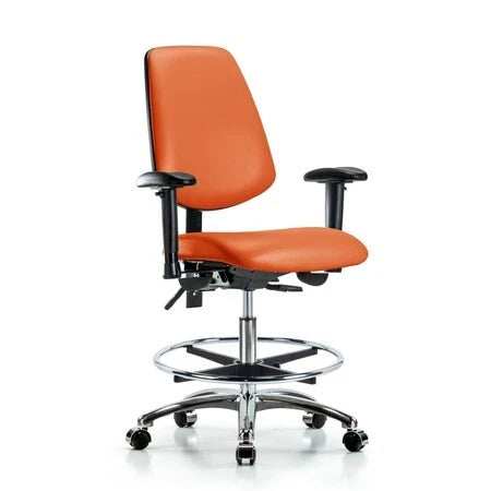 Blue Ridge Ergonomics VMBCH-MB-RG-T0-A1-BF-RC-8613 Rutledge Vinyl Chair - Medium Bench Height with Medium Back, Adjustable Arms, Black Foot Ring, & Casters in Orange Kist Trailblazer™ Vinyl