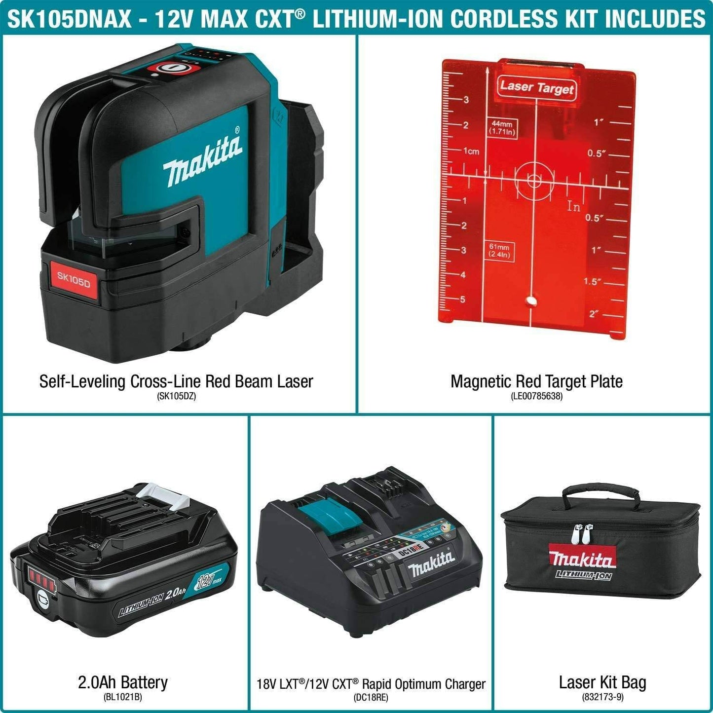 Makita SK105DNAX 12V max CXT® Lithium‘Ion Cordless Self‘Leveling Cross‘Line Red Beam Laser Kit (2.0Ah)