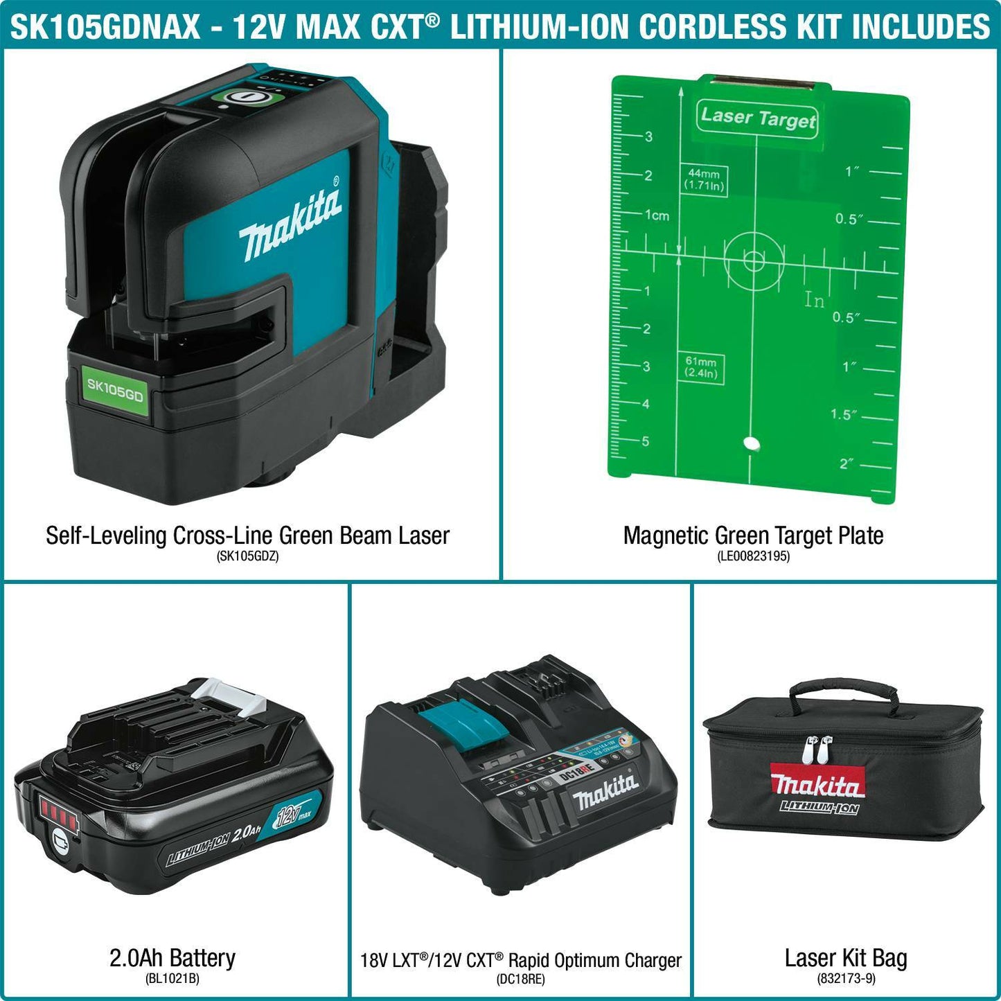 Makita SK105GDNAX 12V max CXT® Lithium‘Ion Cordless Self‘Leveling Cross‘Line Green Beam Laser Kit (2.0Ah)