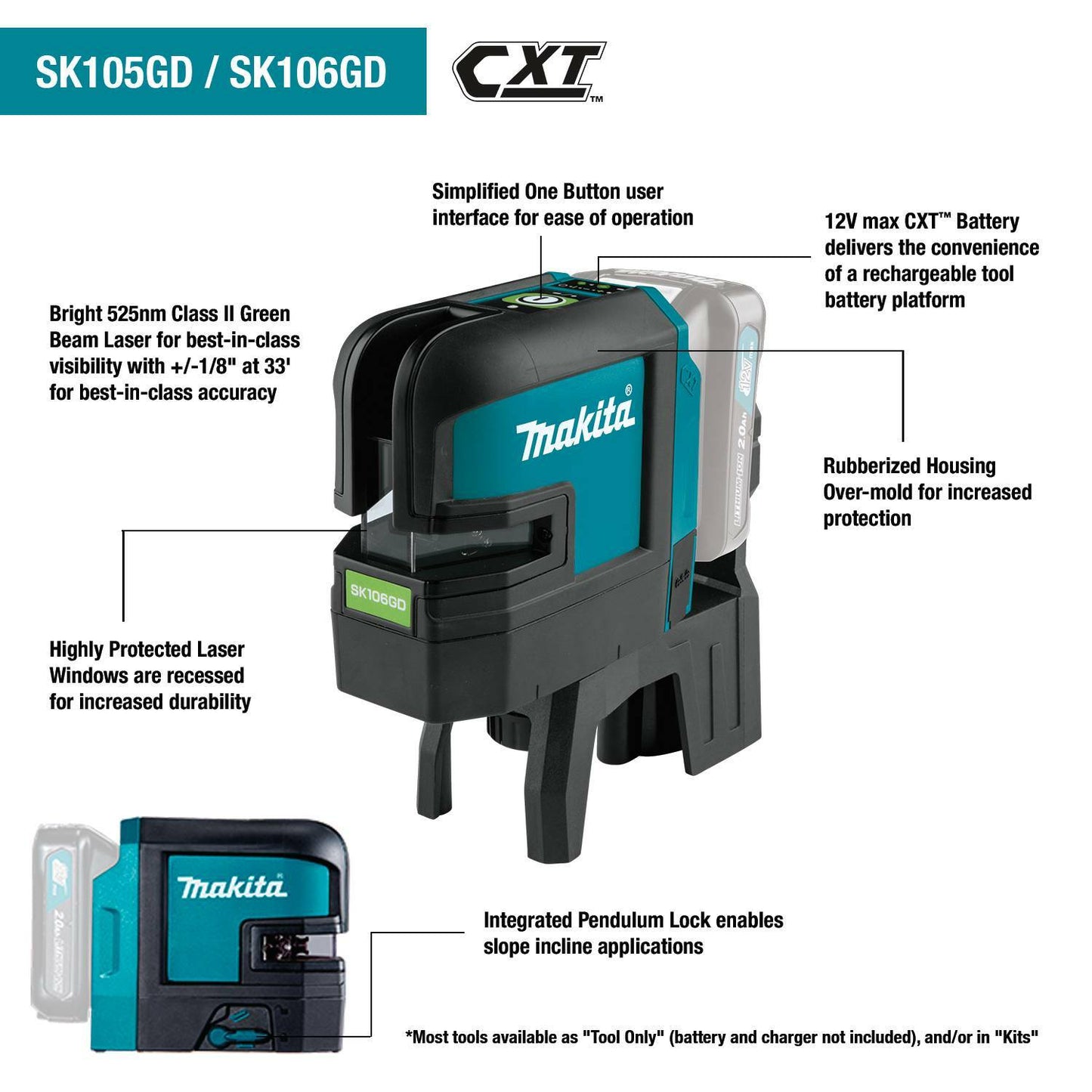 Makita SK105GDNAX 12V max CXT® Lithium‘Ion Cordless Self‘Leveling Cross‘Line Green Beam Laser Kit (2.0Ah)