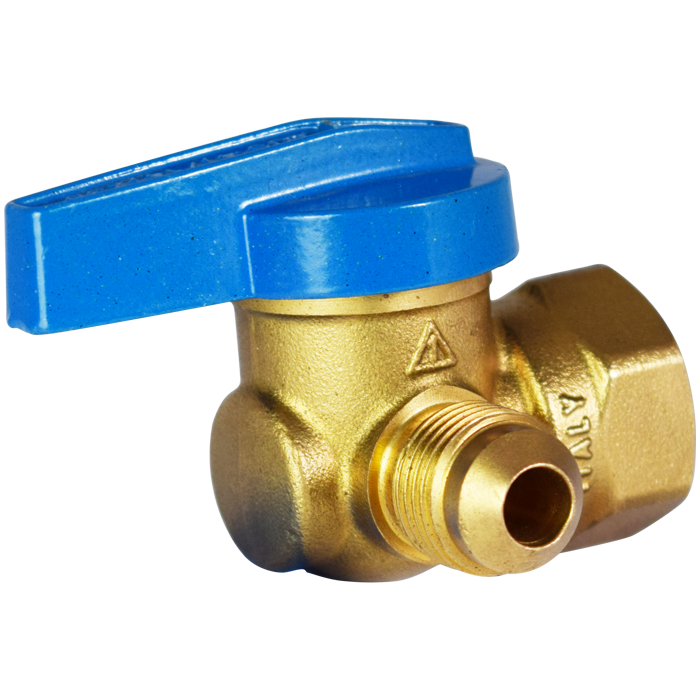 Legend Valves 102-122 3/8" x 1/2" Blue Top Forged Brass One-Piece Flare x FNPT Gas Angle Ball Valve