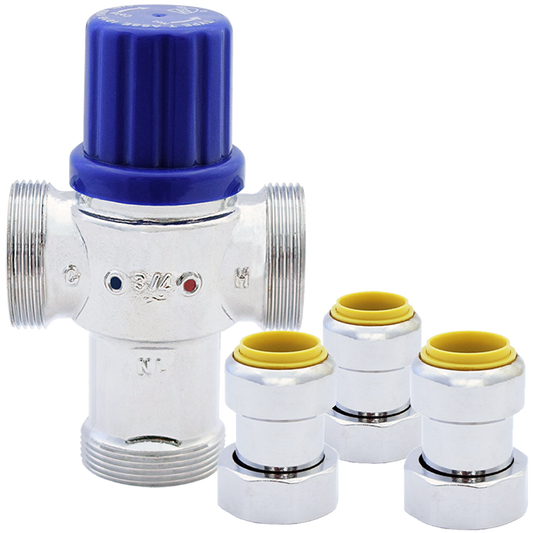 Legend Valves 115-252NLPF 3/8" Chrome Plated No Lead Forged Brass Potable Water Thermostatic Mixing Valve with Insta-Loc II Connectors & Union Nuts