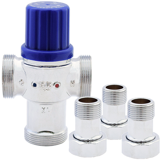 Legend Valves 115-253NLM 1/2" Chrome Plated No Lead Forged Brass Potable Water Thermostatic Mixing Valve with MNPT Connectors & Union Nuts