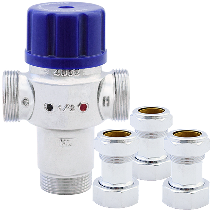 Legend Valves 115-272NLC 3/8" Chrome Plated No Lead Forged Brass Radiant Thermostatic Mixing Valve with Compression Connectors & Union Nuts