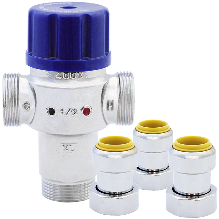 Legend Valves 115-273NLPF 1/2" Chrome Plated No Lead Forged Brass Radiant Thermostatic Mixing Valve with Insta-Loc II Connectors & Union Nuts