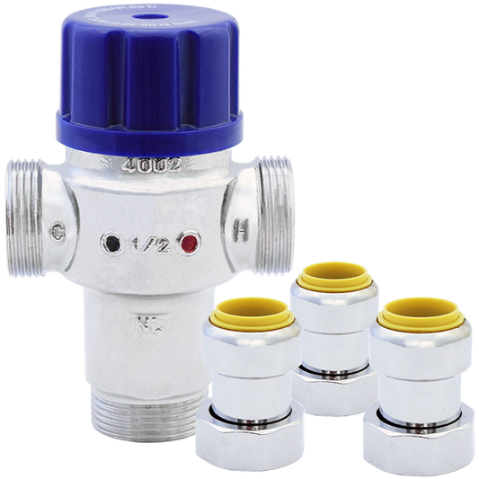 Legend Valves 115-273NLPF 1/2" Chrome Plated No Lead Forged Brass Radiant Thermostatic Mixing Valve with Insta-Loc II Connectors & Union Nuts
