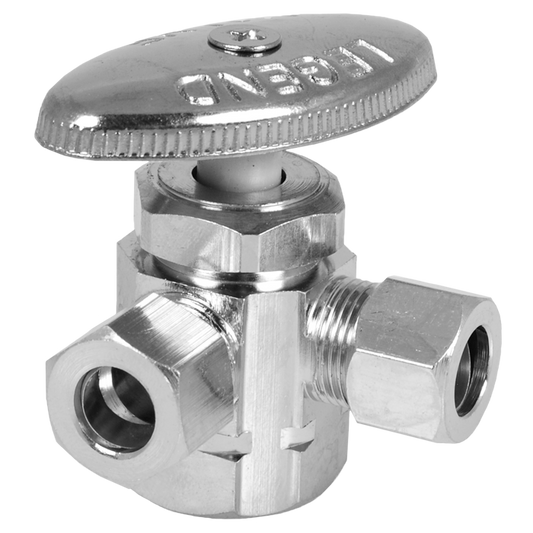 Legend Valves 114-402NL 3/8" x 3/8" x 3/8" No Lead Chrome-Plated Forged Brass Multi-Turn FNPT x OD x OD Dual Outlet Angle Stop Valve