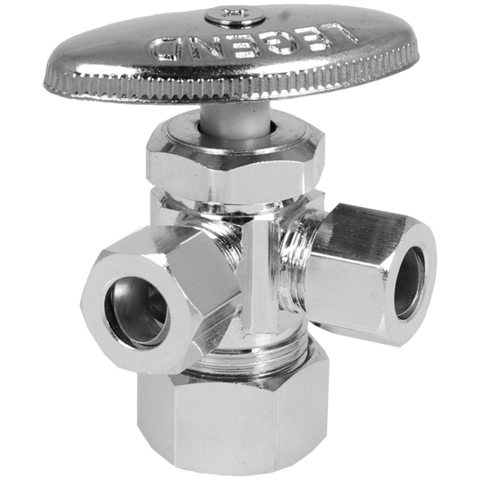 Legend Valves 114-424NL 5/8" x 3/8" x 1/4" No Lead Chrome-Plated Forged Brass Multi-Turn OD x OD x OD Dual Outlet Angle Stop Valve