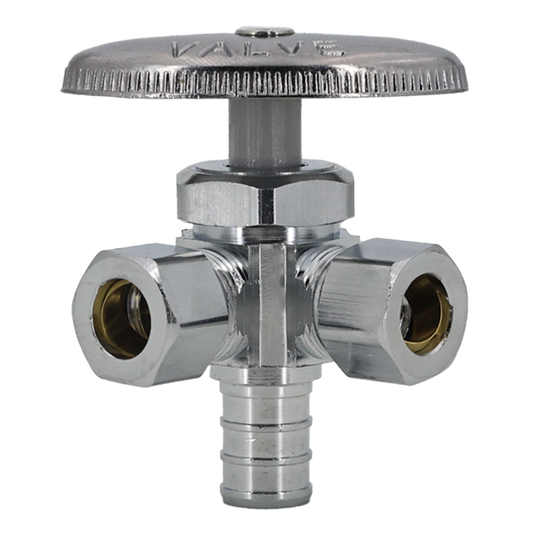 Legend Valves 114-406NL 1/2" x 3/8" x 3/8" No Lead Chrome-Plated Forged Brass Multi-Turn Crimp/Cinch PEX x OD x OD Dual Outlet Crimp/Cinch PEX Angle Stop Valve