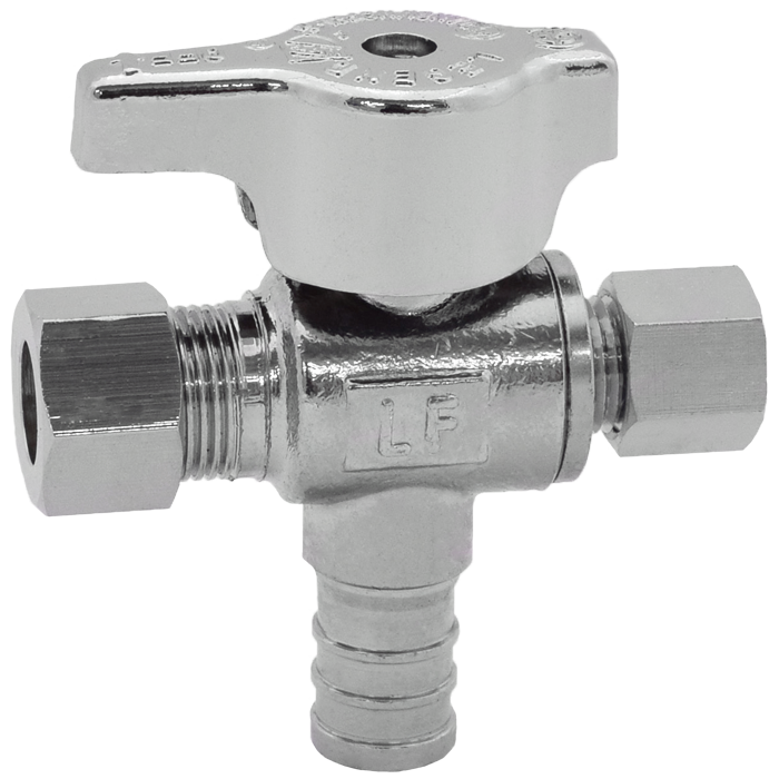 Legend Valves 114-805NL 1/2" x 3/8" x 1/4" No Lead Chrome-Plated Forged Brass 1/4-Turn F1807 x OD x OD Dual Outlet Angle Stop Valve