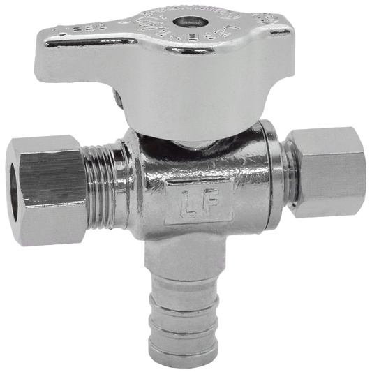 Legend Valves 114-805NL 1/2" x 3/8" x 1/4" No Lead Chrome-Plated Forged Brass 1/4-Turn F1807 x OD x OD Dual Outlet Angle Stop Valve