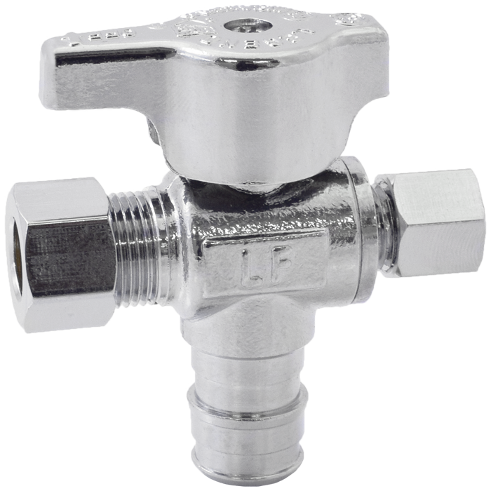 Legend Valves 114-801NL 1/2” x 3/8” x 1/4” No Lead Chrome-Plated Forged Brass 1/4-Turn F1960 x OD x OD Dual Outlet Angle Stop Valve