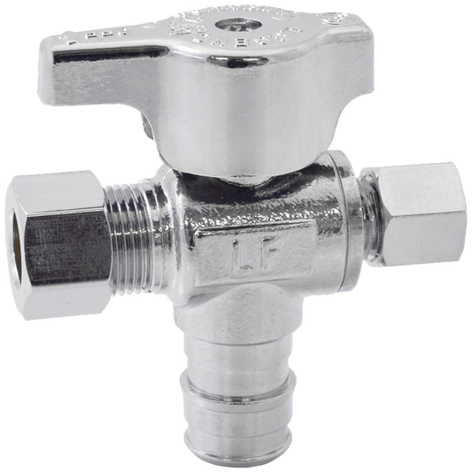 Legend Valves 114-801NL 1/2” x 3/8” x 1/4” No Lead Chrome-Plated Forged Brass 1/4-Turn F1960 x OD x OD Dual Outlet Angle Stop Valve