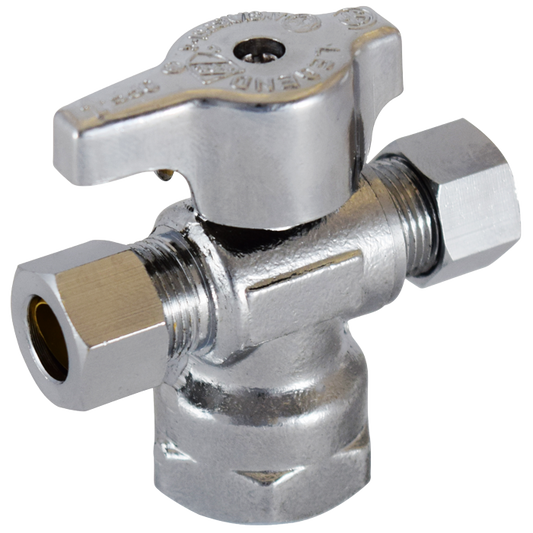 Legend Valves 114-823NL 1/2" x 3/8" x 1/4" No Lead Chrome-Plated Forged Brass 1/4-Turn FNPT x OD x OD Dual Outlet Angle Stop Valve
