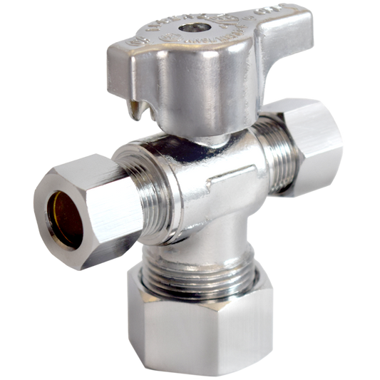 Legend Valves 114-804NL 5/8" x 3/8" x 3/8" No Lead Chrome-Plated Forged Brass 1/4-Turn OD x OD x OD Dual Outlet Angle Stop Valve