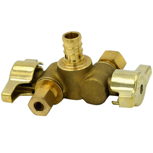 Legend Valves 114-632NL 1/2" x 3/8" x 3/8" No Lead Forged Brass 1/4-Turn F1807 x OD x OD Dual Outlet Dual Shutoff Angle Supply Stop Valve