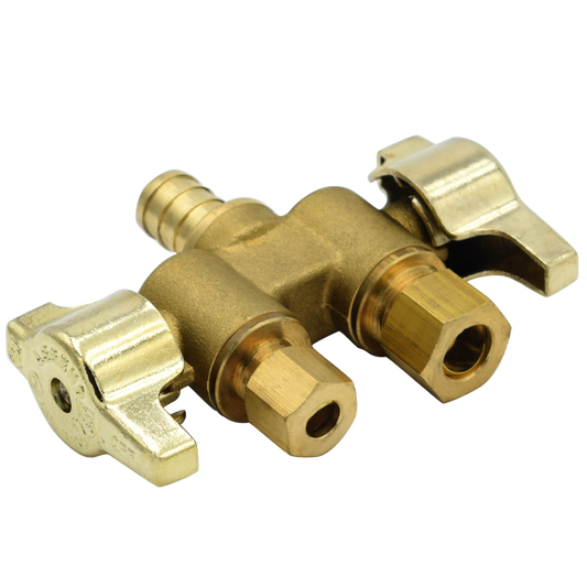 Legend Valves 114-732NL 1/2" x 3/8" x 3/8" No Lead Forged Brass 1/4-Turn F1807 x OD x OD Dual Outlet Dual Shutoff Straight Supply Stop Valve