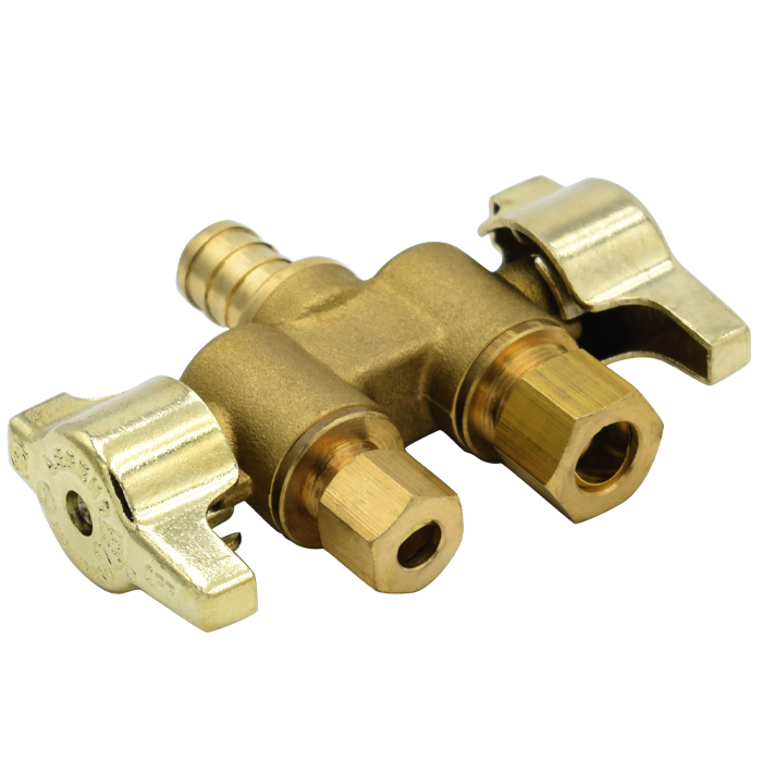 Legend Valves 114-733NL 1/2" x 3/8" x 1/4" No Lead Forged Brass 1/4-Turn F1807 x OD x OD Dual Outlet Dual Shutoff Straight Supply Stop Valve