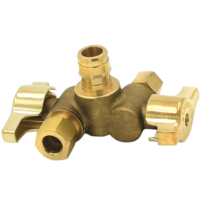 Legend Valves 114-635NL 1/2" x 3/8" x 1/4" No Lead Forged Brass 1/4-Turn F1960 x OD x OD Dual Outlet Dual Shutoff Angle Supply Stop Valve
