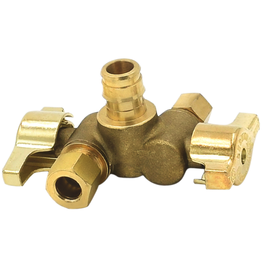 Legend Valves 114-635NL 1/2" x 3/8" x 1/4" No Lead Forged Brass 1/4-Turn F1960 x OD x OD Dual Outlet Dual Shutoff Angle Supply Stop Valve