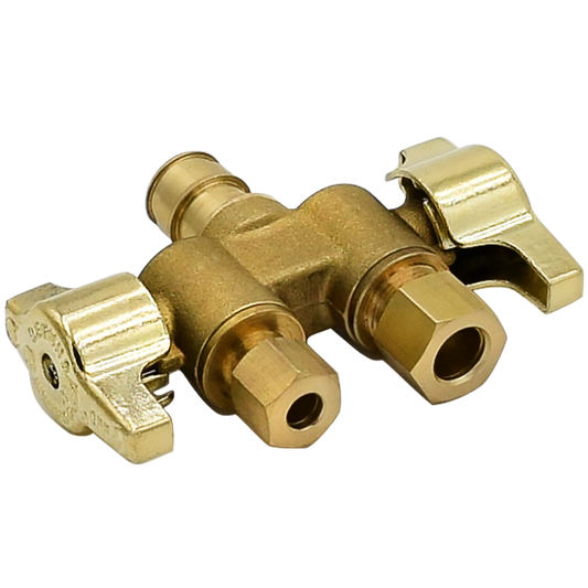 Legend Valves 114-735NL 1/2" x 3/8" x 1/4" No Lead Forged Brass 1/4-Turn F1960 x OD x OD Dual Outlet Dual Shutoff Straight Supply Stop Valve