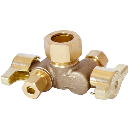 Legend Valves 114-631NL 5/8" x 3/8" x 3/8" No Lead Forged Brass 1/4-Turn OD x OD x OD Dual Outlet Dual Shutoff Angle Supply Stop Valve