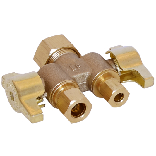 Legend Valves 114-730NL 5/8" x 3/8" x 1/4" No Lead Forged Brass 1/4-Turn OD x OD x OD Dual Outlet Dual Shutoff Straight Supply Stop Valve
