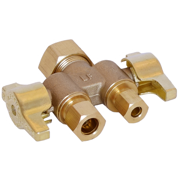Legend Valves 114-731NL 5/8" x 3/8" x 3/8" No Lead Forged Brass 1/4-Turn OD x OD x OD Dual Outlet Dual Shutoff Straight Supply Stop Valve