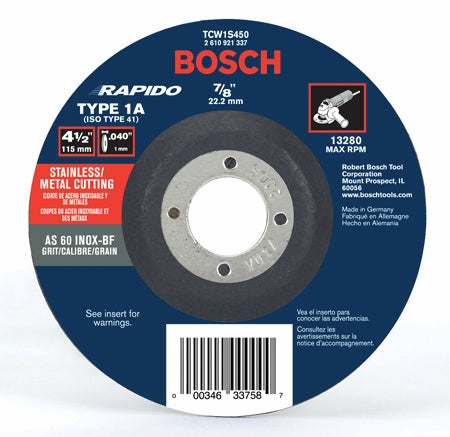 BOSCH TCW1S450 Thin Cutting Disc - 4-1/2" x .040" x 7/8" - AS60INOX-BF - Stainless/Metal (Bulk)