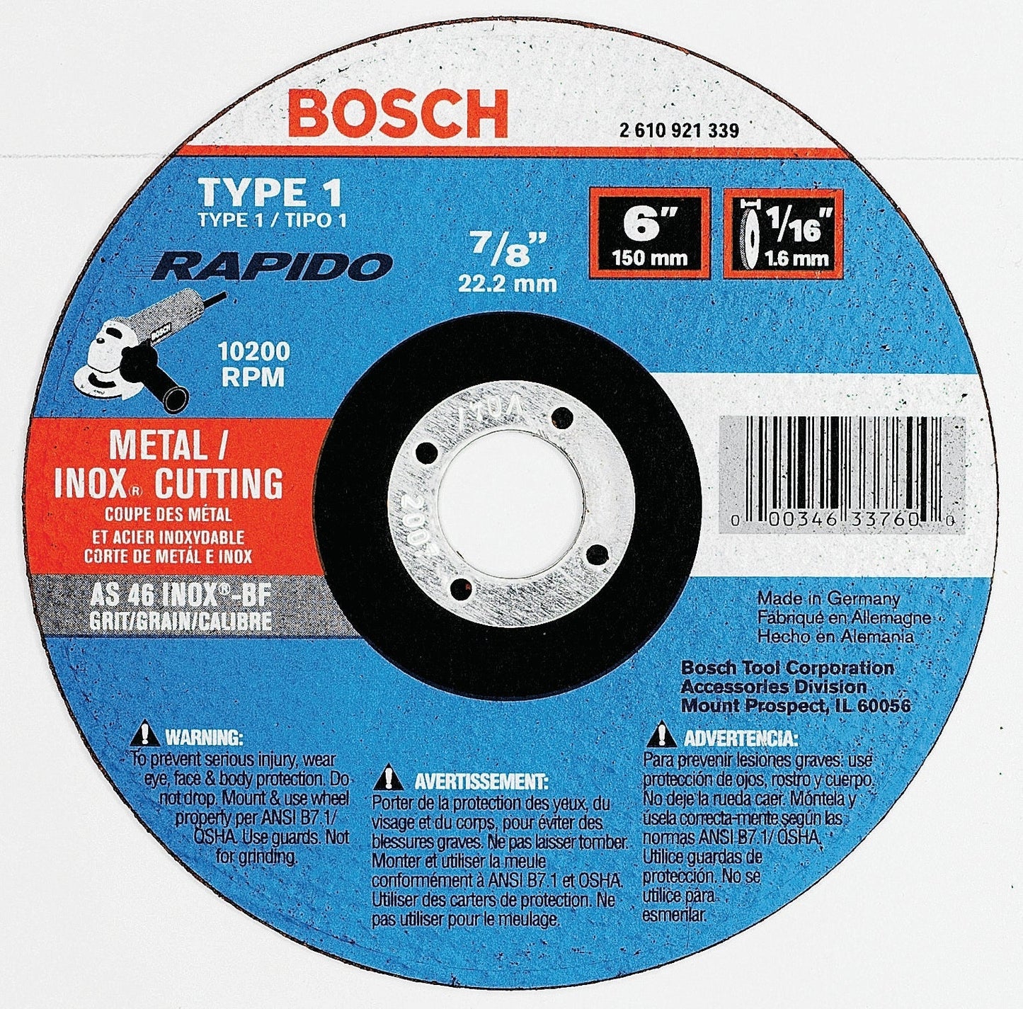 Bosch TCW1S600 6 X 1/16 X 7/8 Type 1 Thin Cutting Disc As46Inox-Bf For Stainless/Metal (Bulk)