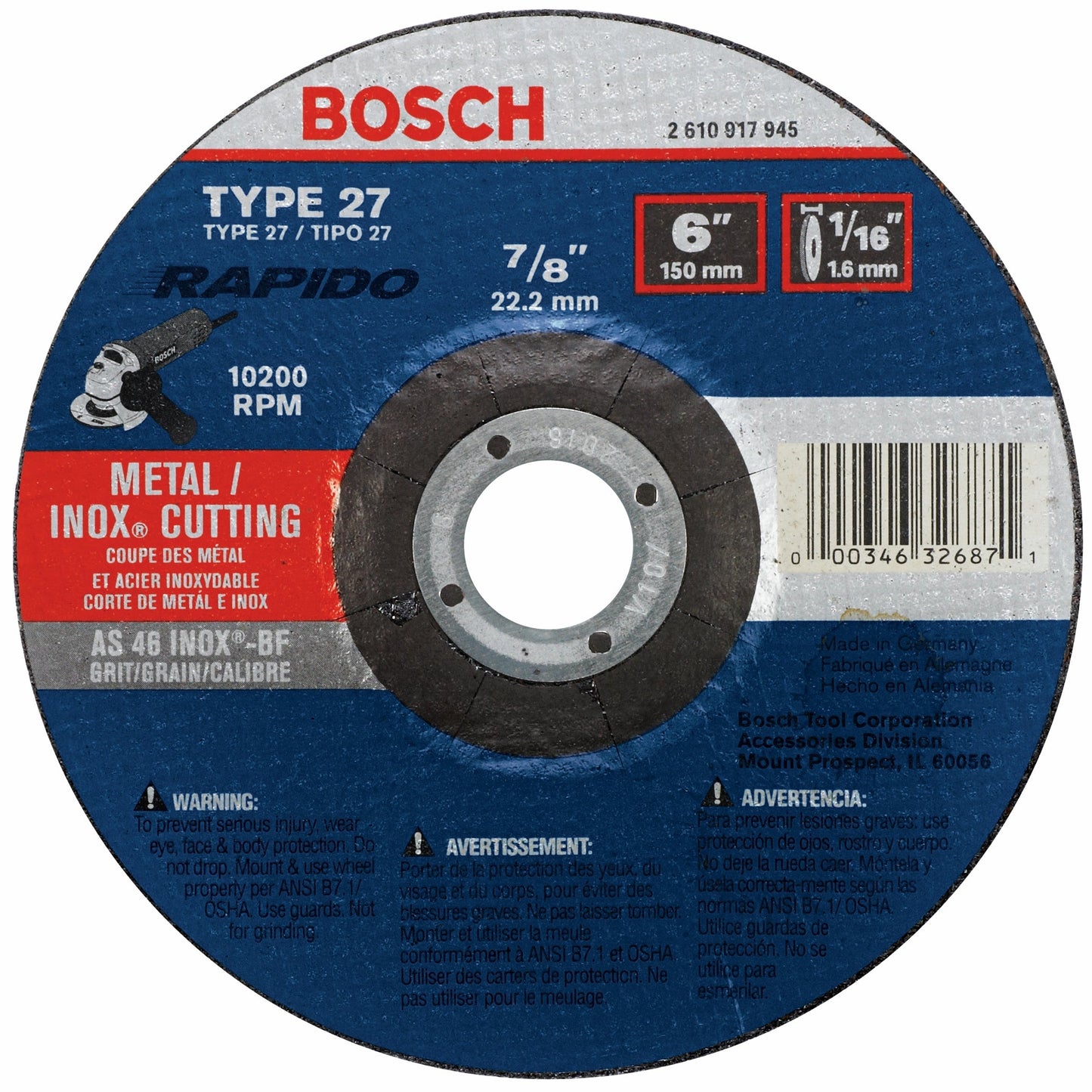 Bosch TCW27S600 6 X 1/16 X 7/8 Type 27 Thin Cutting Disc As46Inox-Bf For Stainless/Metal (Bulk)