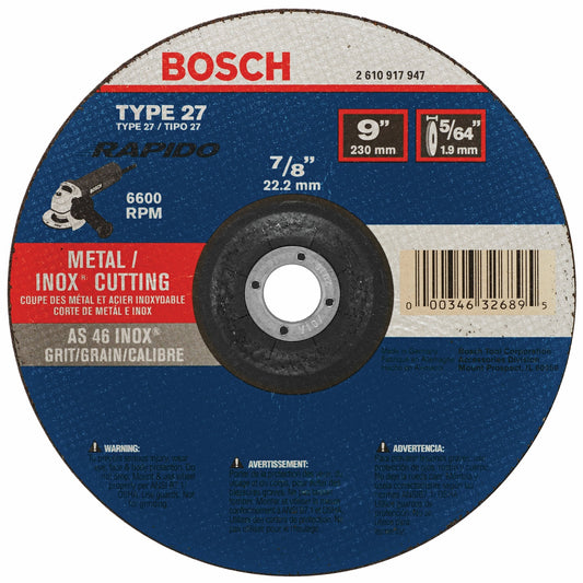 Bosch TCW27S900 9 In. 5/64 In. 7/8 In. Arbor Type 27A (Iso 42) 46 Grit Rapido Fast Metal/Stainless Cutting Abrasive Wheel