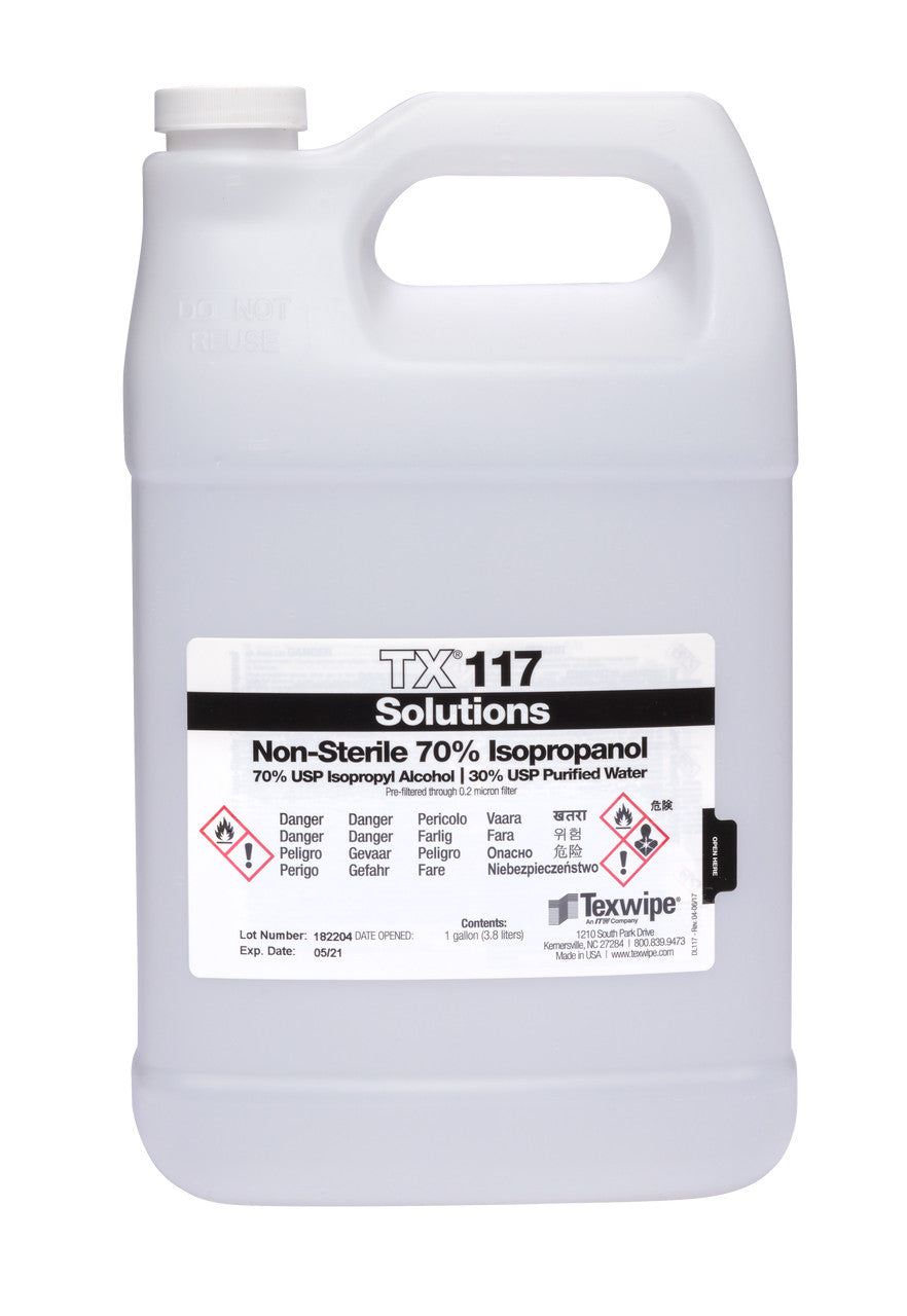 SOS Cleanroom Texwipe TX117 Non-Sterile 70% Isopropyl Alcohol Solution (1 Gallon Bottle, 4/Case) - Case