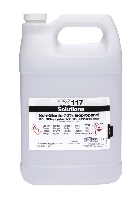 SOS Cleanroom Texwipe TX117 Non-Sterile 70% Isopropyl Alcohol Solution (1 Gallon Bottle, 4/Case) - Case