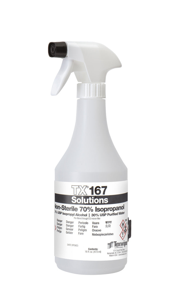 SOS Cleanroom Texwipe TX167 Non-Sterile 70% Isopropyl Alcohol Solution (16 oz. Bottle, 12/Case) - Case
