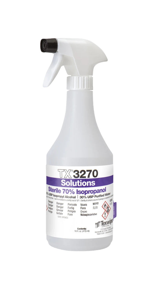SOS Cleanroom Texwipe TX3270 Sterile 70% IPA Isopropanol Alcohol Solution (16 oz. Bottle, 12/Case) - Case