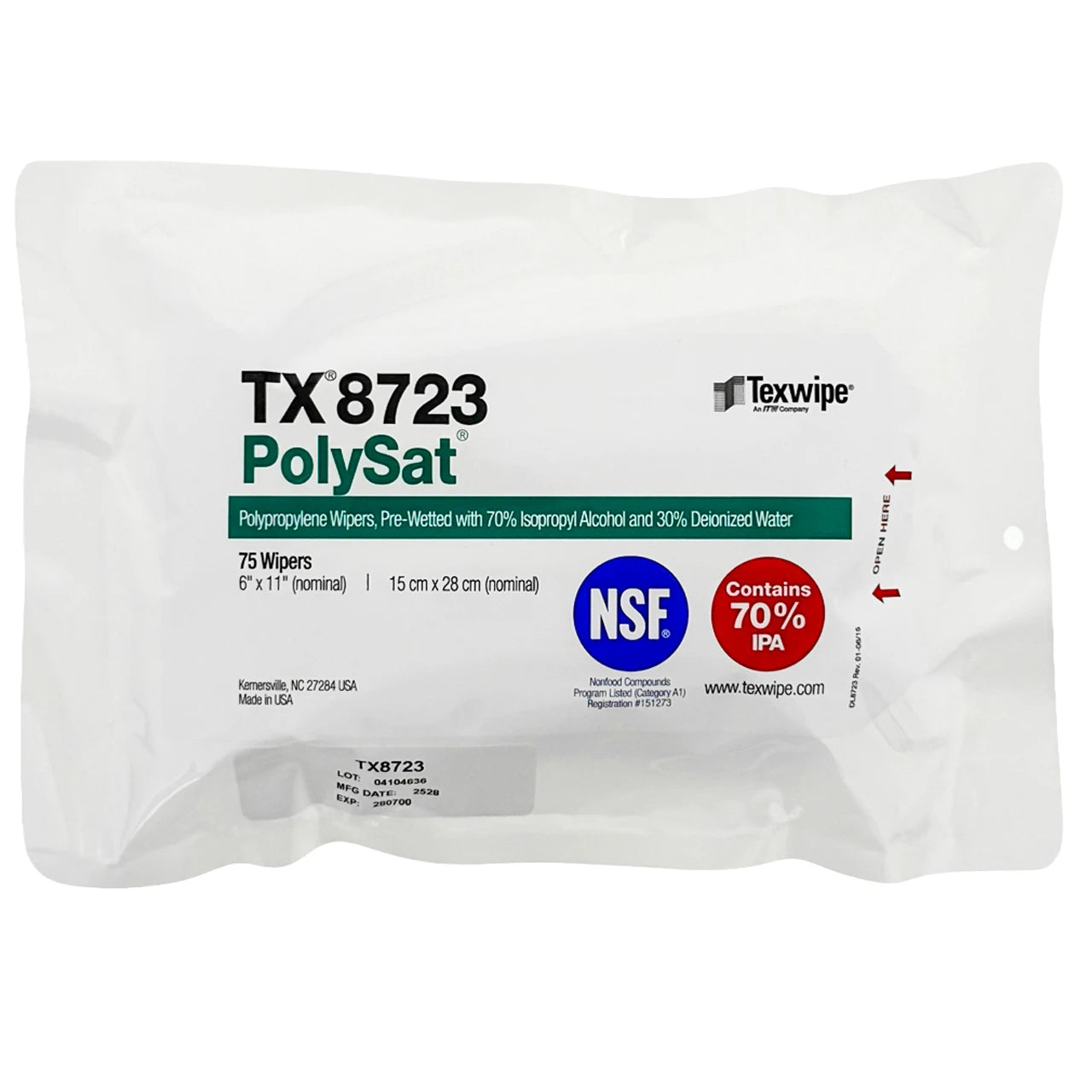 SOS Cleanroom Texwipe TX8723 PolySat 6" x 11" Polypropylene Wiper Pre-Wetted 70% IPA for Small Spaces - Bag