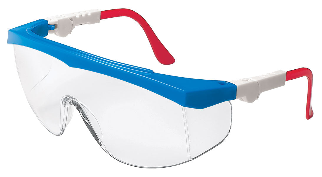 MCR Safety TK130 TK1 Series Red, White, and Blue Safety Glasses Clear Lens with Ratcheting Temples Generous Lens with Built on Side Shields (1 Pair)