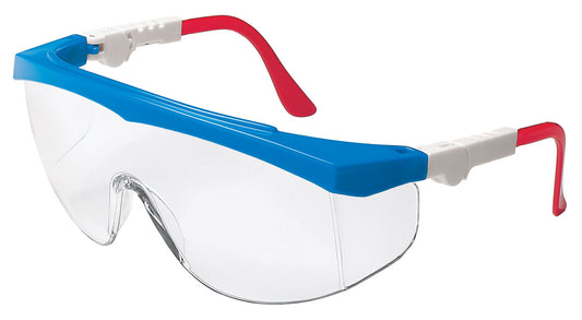 MCR Safety TK130 TK1 Series Red, White, and Blue Safety Glasses Clear Lens with Ratcheting Temples Generous Lens with Built on Side Shields (1 Pair)