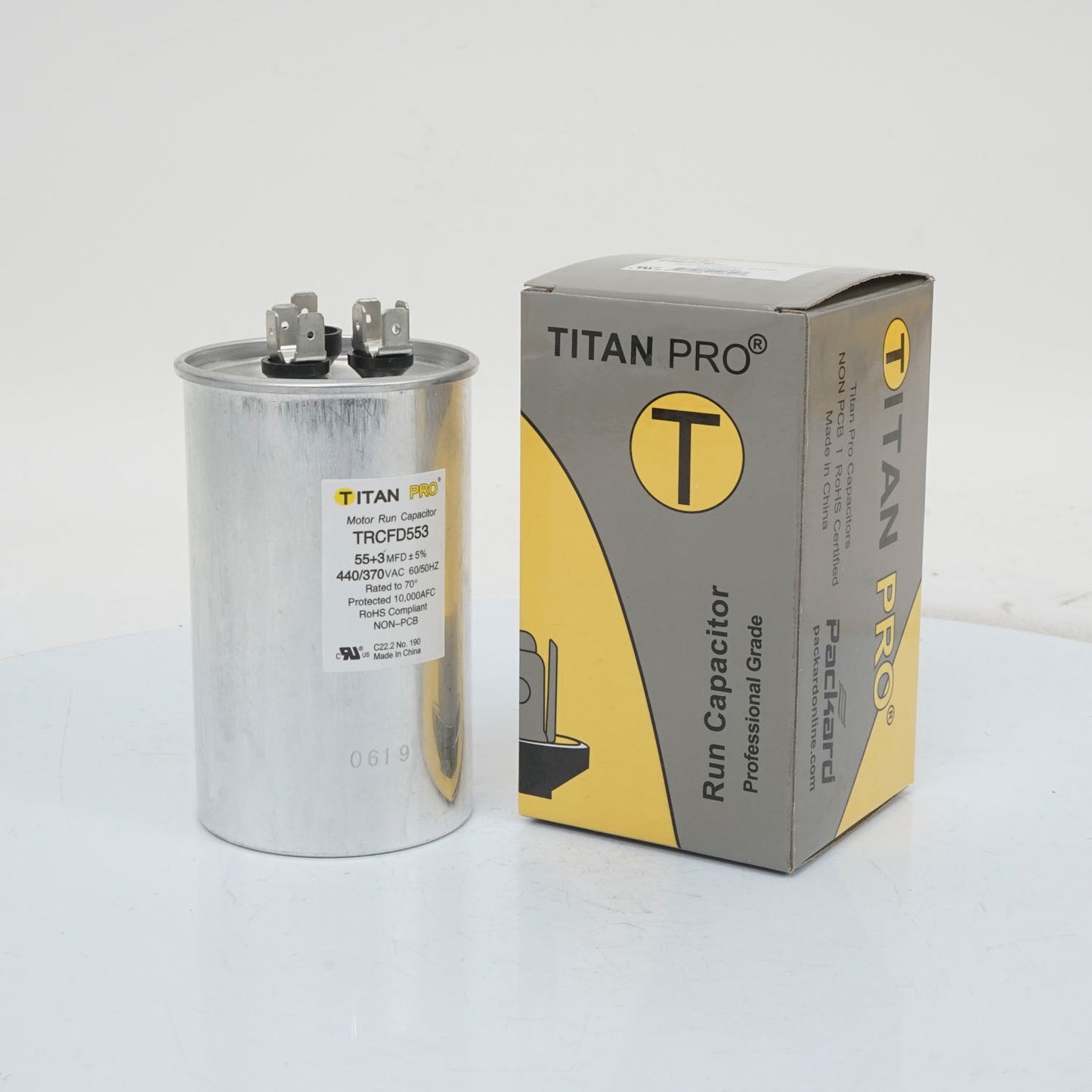 Packard TRCFD553 Titan Pro Run Capacitor 55+3 Mfd 440/370 Volt Round