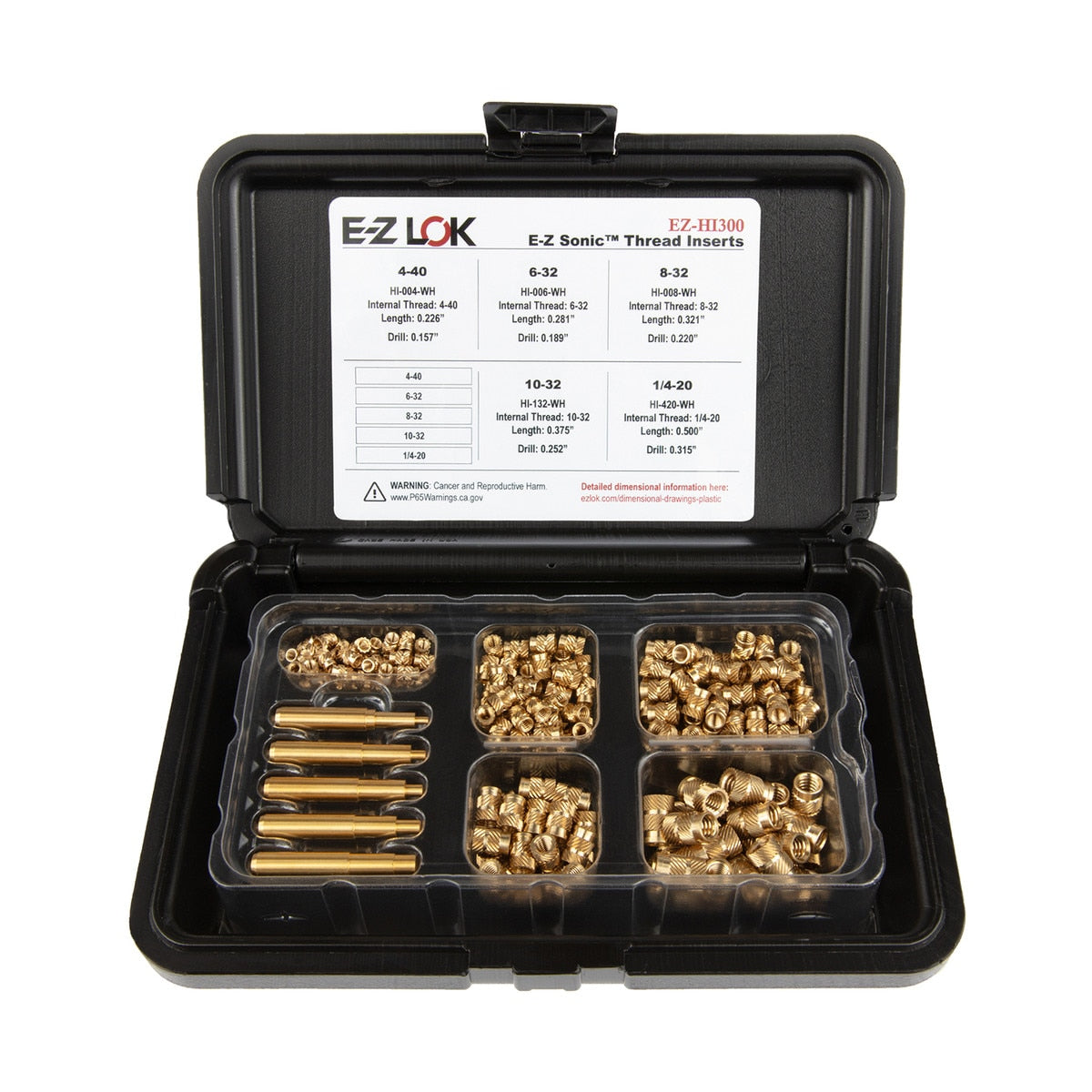 E-Z Sonic™ Threaded Insert Assortment Kit - Straight -Flush - 4-40 to 1/4-20