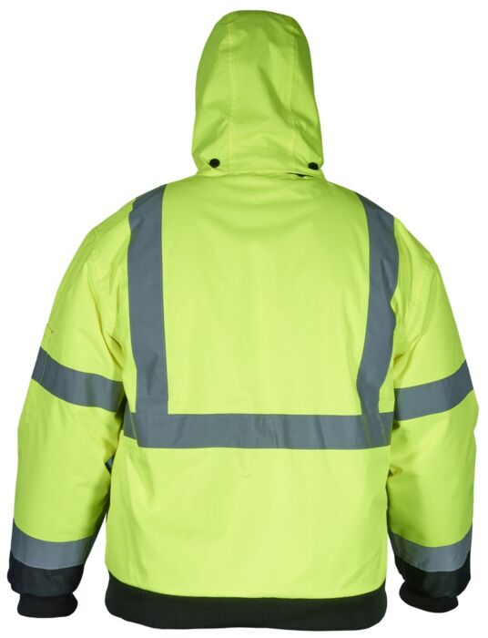 MCR Safety VBBCL3LS Luminator® Hi-Vis Bomber Jacket ANSI/ISEA 107 2020 Type R Class 3 Insulated Rain Jacket Fluorescent Lime/Black Silver Reflective Stripes (1 EA)
