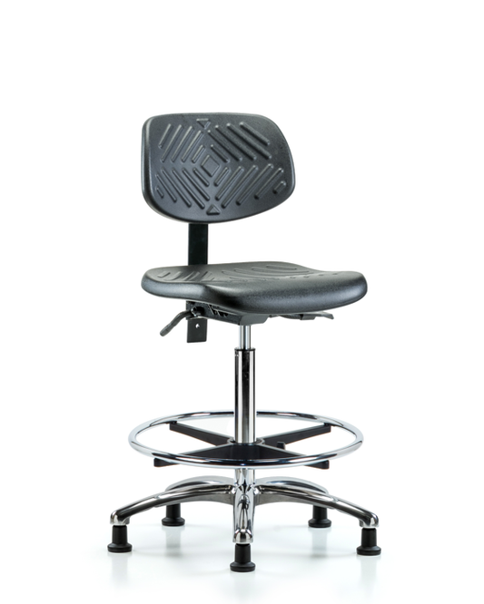 Blue Ridge Ergonomics PHBCH-CR-T1-A0-CF-RG-BLK Polyurethane Chair Chrome - High Bench Height with Seat Tilt, Chrome Foot Ring, & Stationary Glides in Black Polyurethane